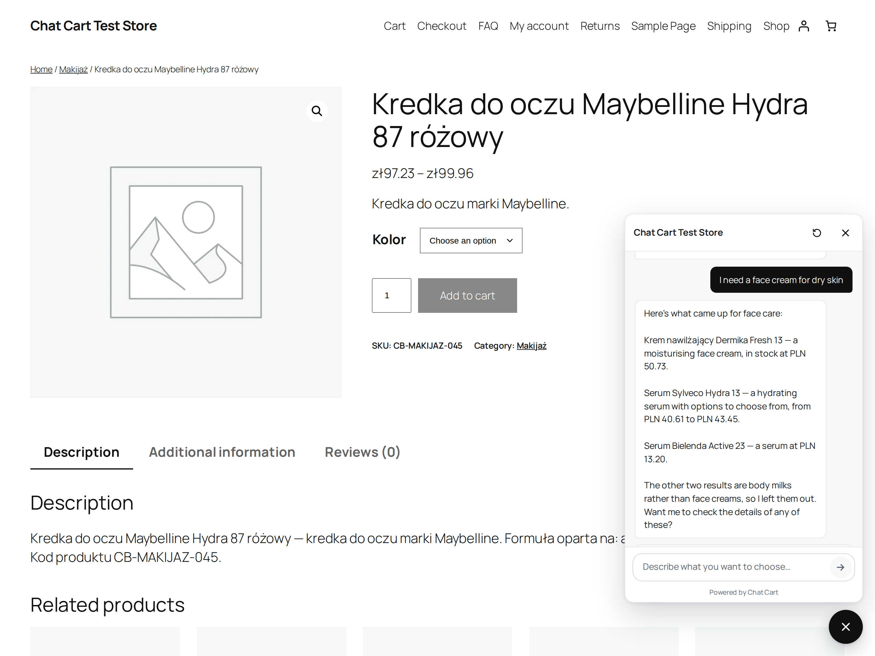Asystent odpowiada na pytanie klienta i pokazuje produkty z ceną oraz stanem magazynowym.