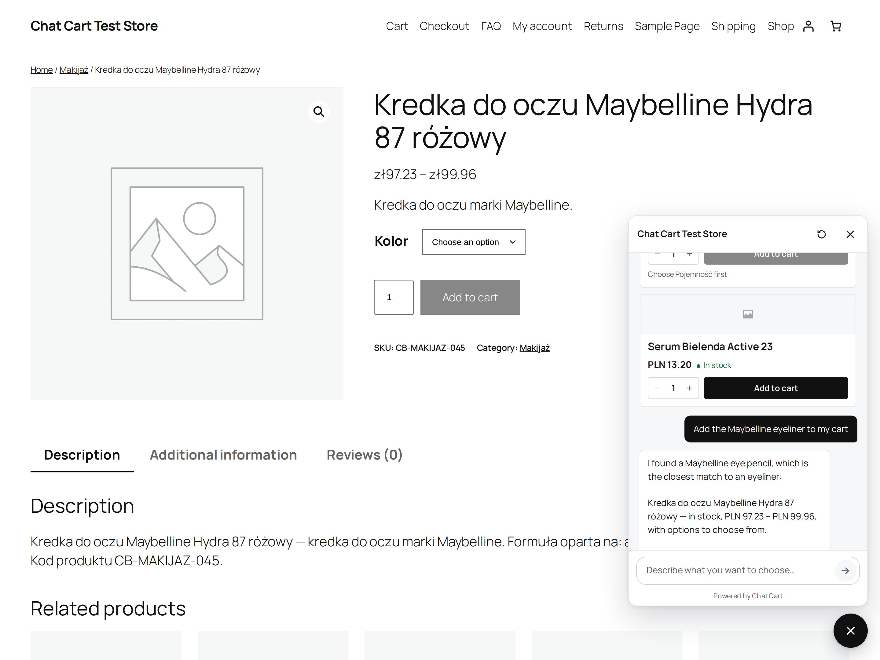 Asystent dopyta o wariant produktu, zanim przygotuje dodanie do koszyka.