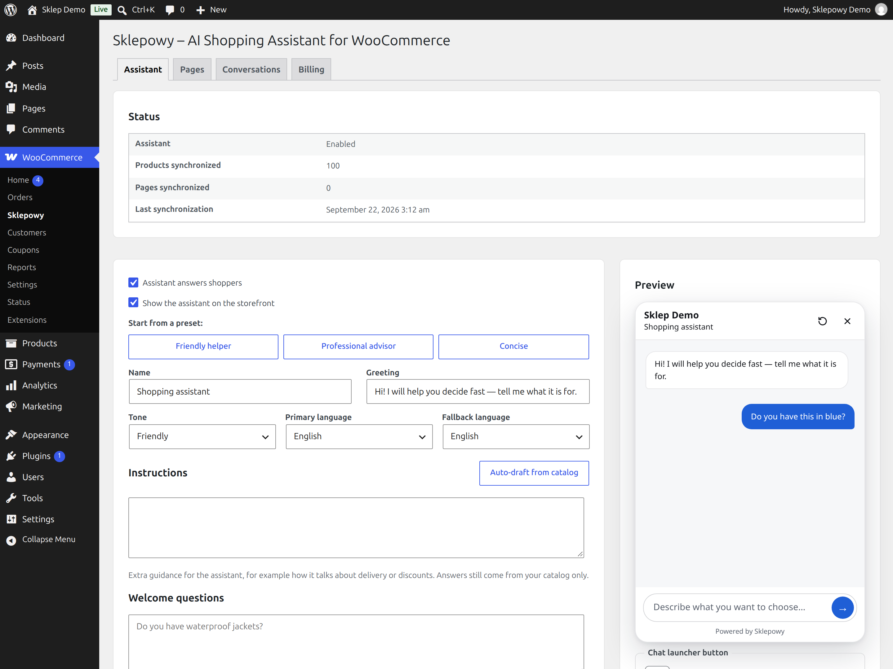 The Assistant tab under WooCommerce → Sklepowy, with a live chat preview.