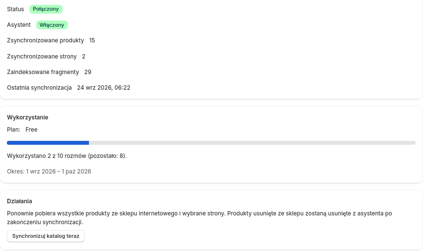 Karta Start w panelu Shopify: status połączenia, synchronizacja katalogu i wykorzystanie planu.