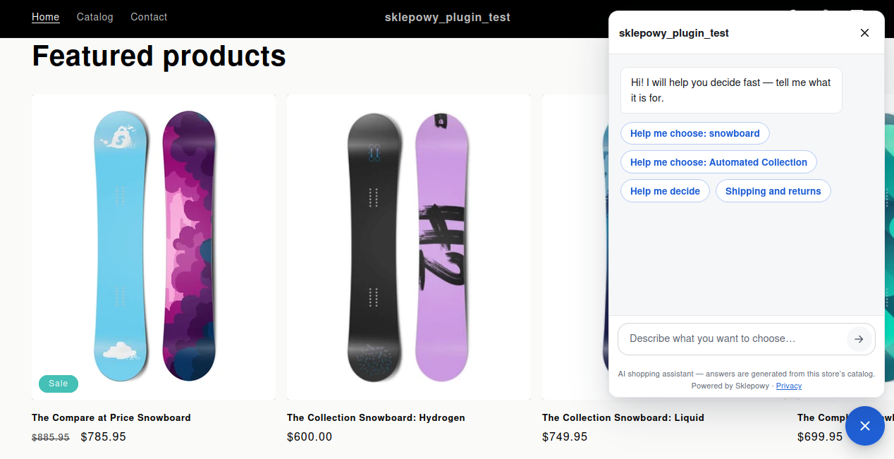 Asystent w sklepie Shopify: powitanie i proponowane pytania.